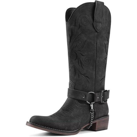 Women's Embroidered Black Removable Belt Low Block Heel Round Western Boots - Picture 1 of 6